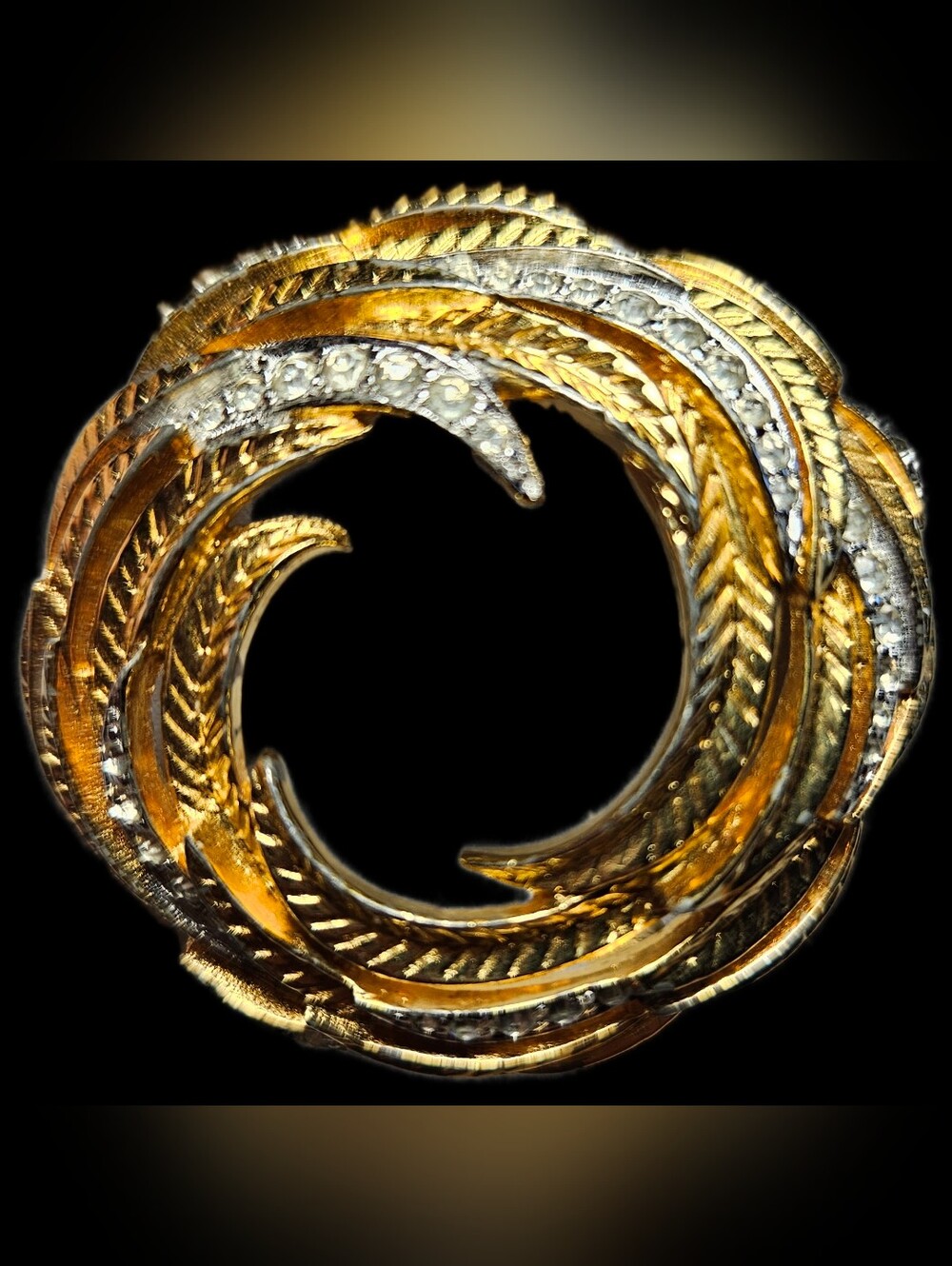 Gold Tone Feather Swirl Round Brooch Pin With Rhinestones